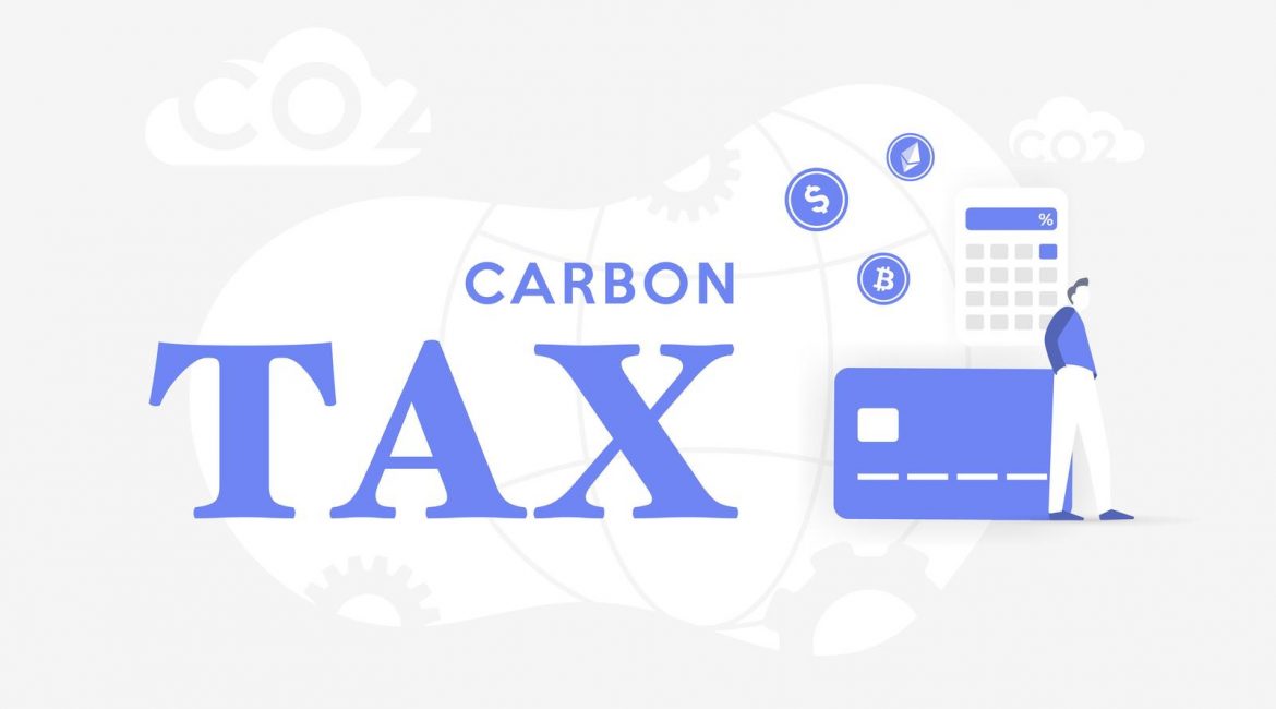 A conceptual illustration with the words 'CARBON TAX' in large blue letters, surrounded by icons of a calculator, credit card, and currency symbols, representing the financial aspects of carbon pricing.