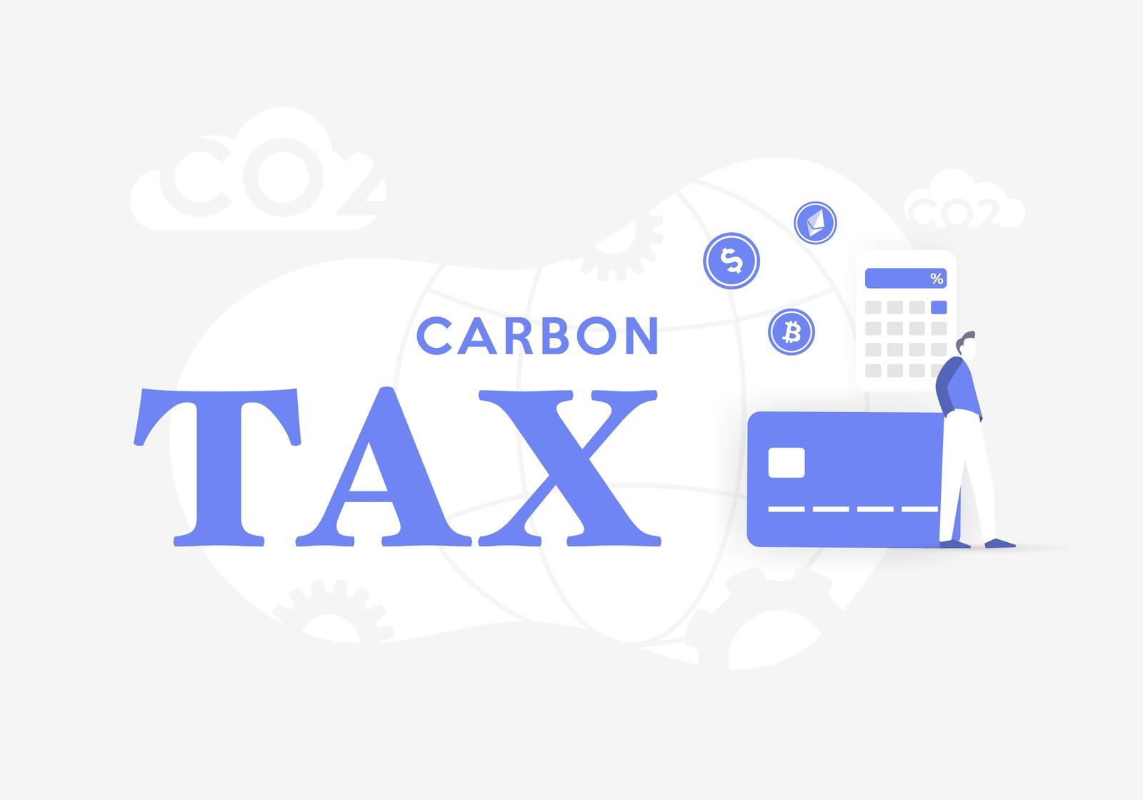 A conceptual illustration with the words 'CARBON TAX' in large blue letters, surrounded by icons of a calculator, credit card, and currency symbols, representing the financial aspects of carbon pricing.