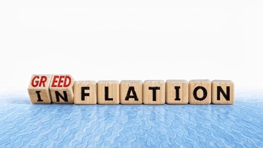 Wooden letter blocks on a blue surface spell out the word INFLATION, with the first two blocks turned to show red letters, changing the word to GREEDFLATION.