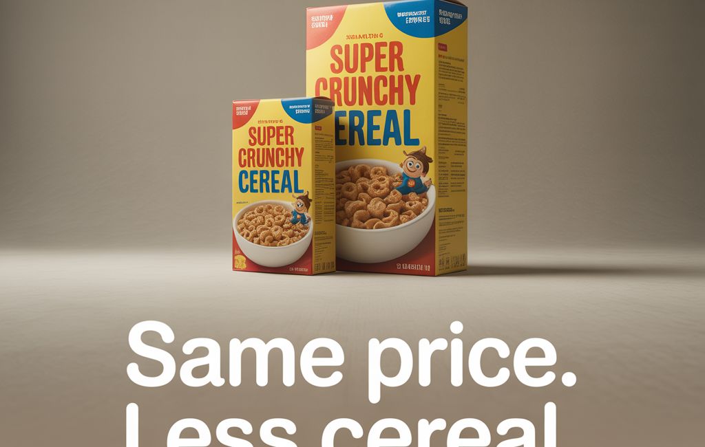 Two cereal boxes side-by-side, showing the effect of shrinkflation. The box on the left is visibly smaller than the box on the right, with text below that reads, "Same price. Less cereal."