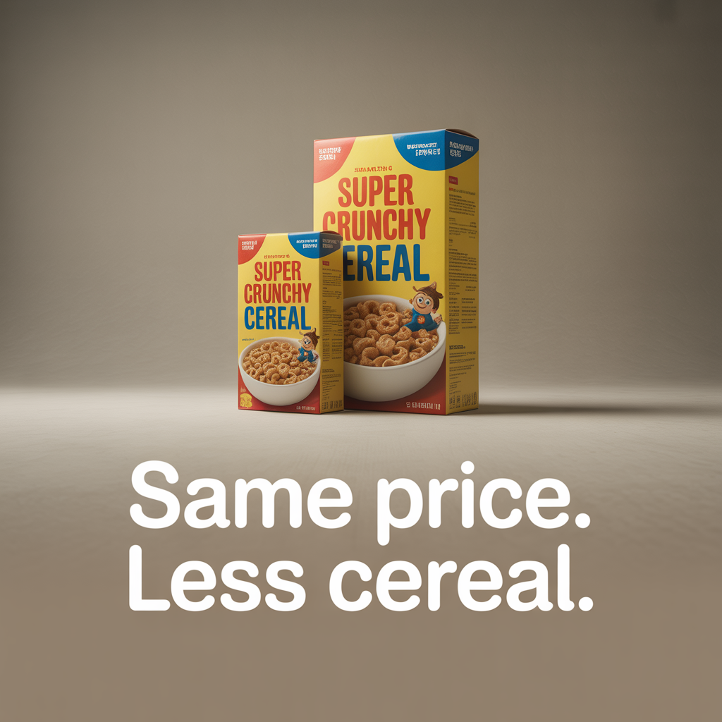 Two cereal boxes side-by-side, showing the effect of shrinkflation. The box on the left is visibly smaller than the box on the right, with text below that reads, "Same price. Less cereal."