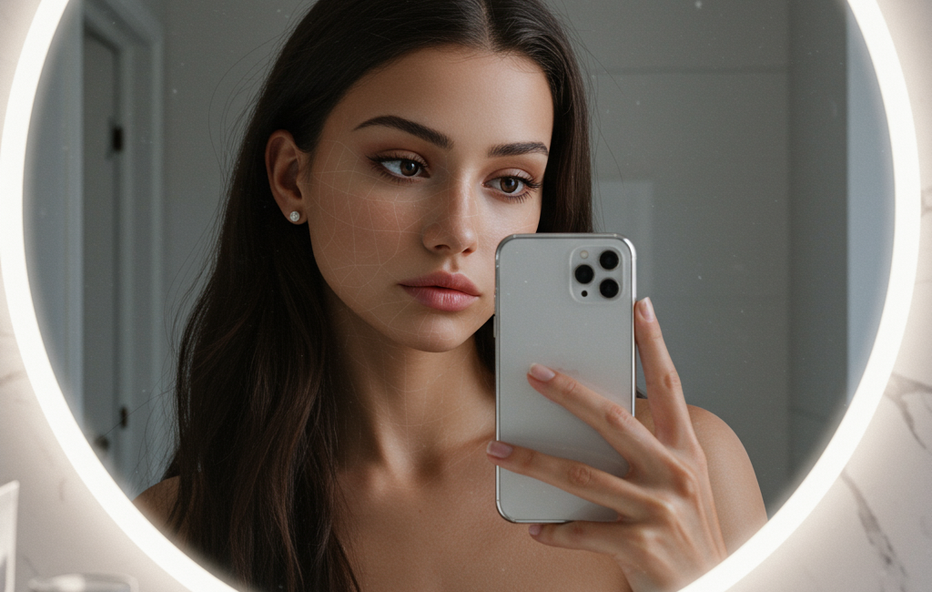 A hyper-realistic AI influencer, a young woman with flawless features, takes a selfie in a modern, ring-lit bathroom mirror, illustrating the uncanny valley.
