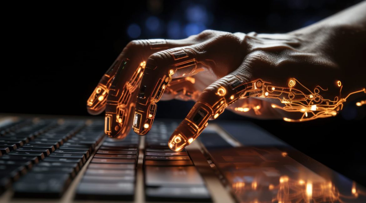 A close-up of a robotic hand with glowing orange circuits poised over a laptop keyboard, symbolizing the role of artificial intelligence in creation and authorship.