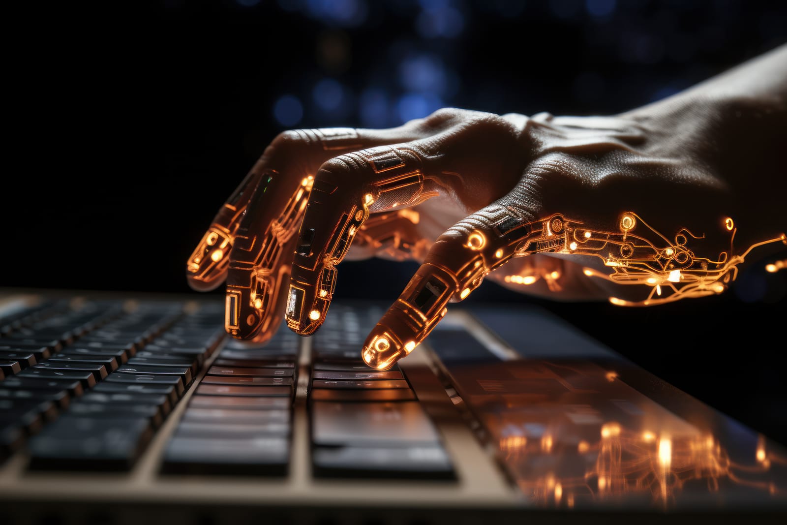 A close-up of a robotic hand with glowing orange circuits poised over a laptop keyboard, symbolizing the role of artificial intelligence in creation and authorship.