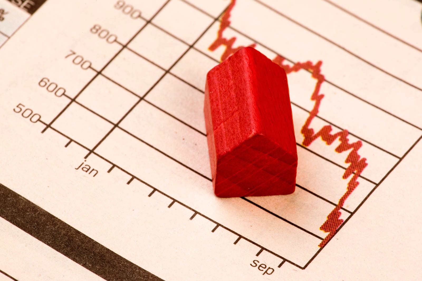 A small red wooden house sits on top of a volatile financial chart, symbolizing the instability and crisis in the Canadian housing market.