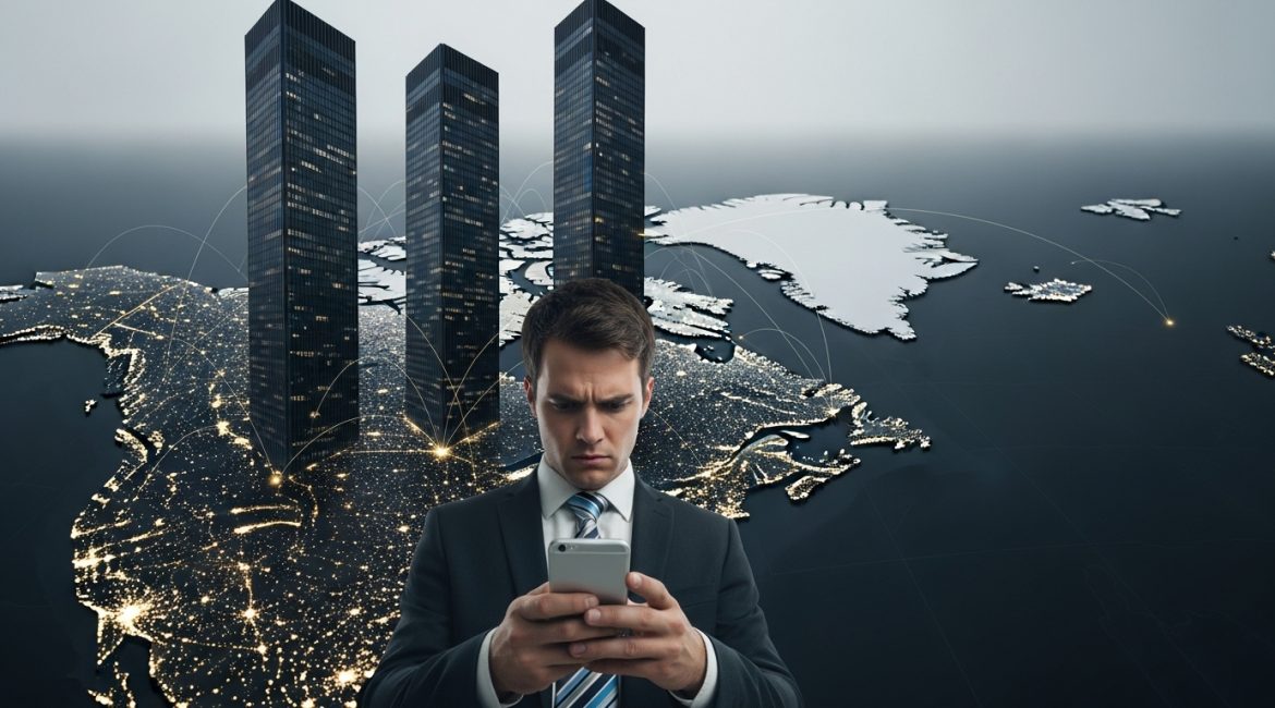 A symbolic image of a frustrated man looking at his phone, with three large skyscrapers representing Canada's 'Big Three' telecom companies rising out of a map of Canada.