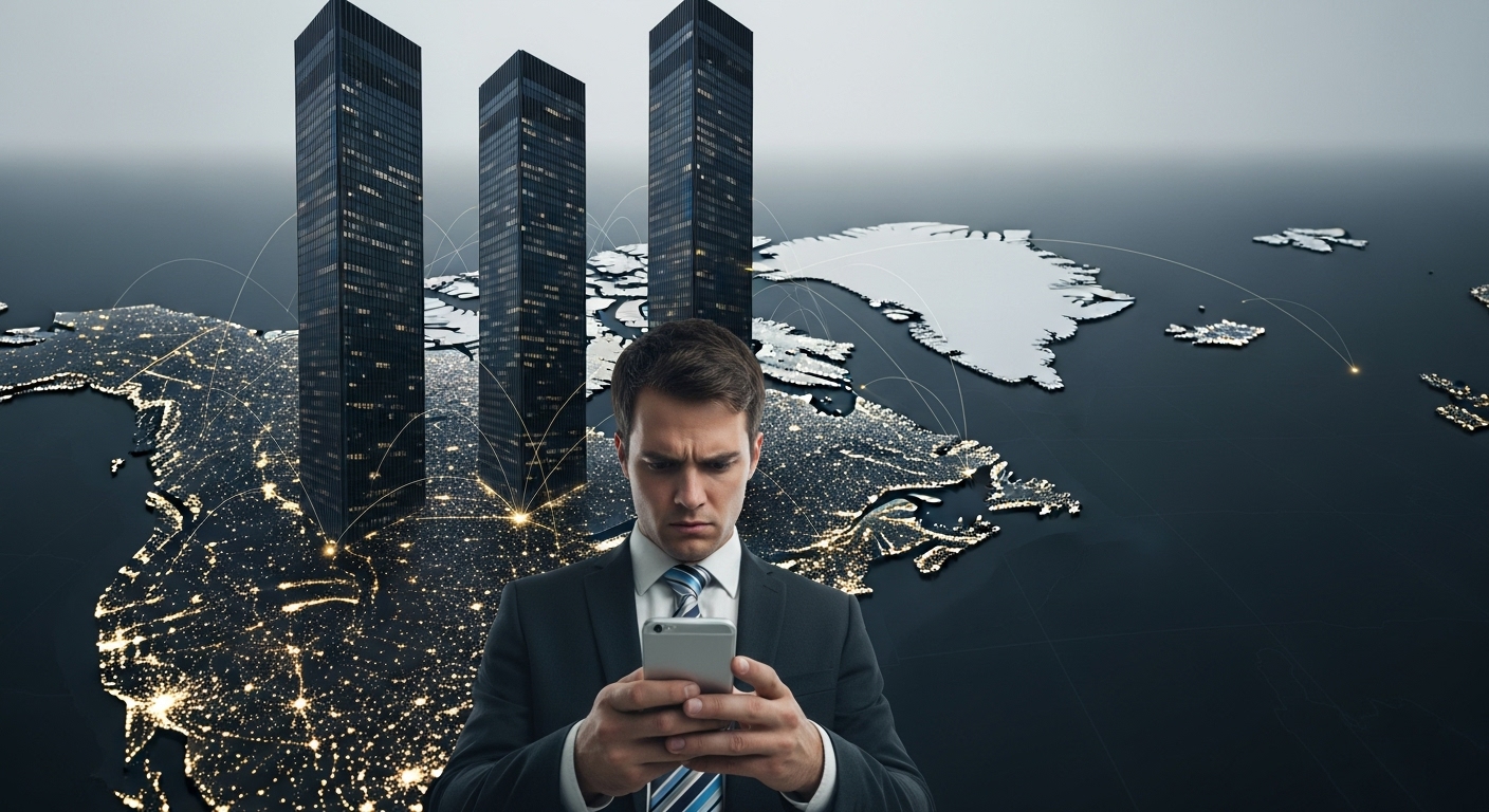 A symbolic image of a frustrated man looking at his phone, with three large skyscrapers representing Canada's 'Big Three' telecom companies rising out of a map of Canada.