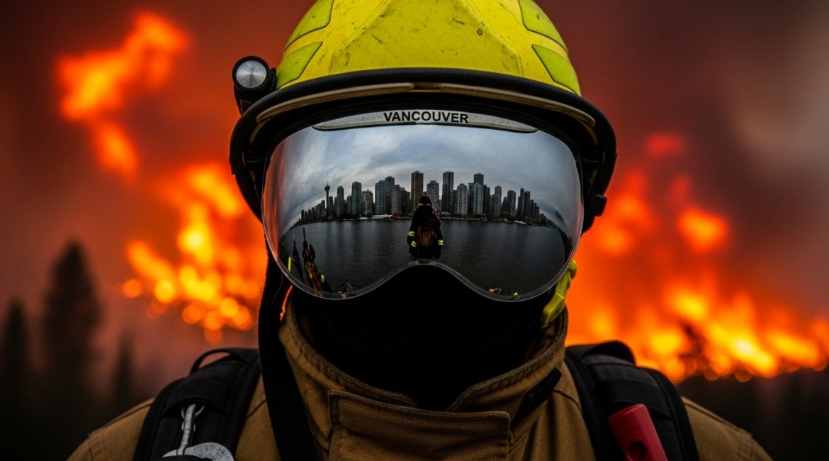 A close-up of a firefighter's helmet with a raging wildfire in the background. The visor reflects a clear, pristine Vancouver skyline, symbolizing the community and clean air they are fighting to protect.