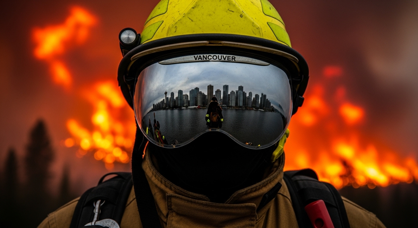 A close-up of a firefighter's helmet with a raging wildfire in the background. The visor reflects a clear, pristine Vancouver skyline, symbolizing the community and clean air they are fighting to protect.