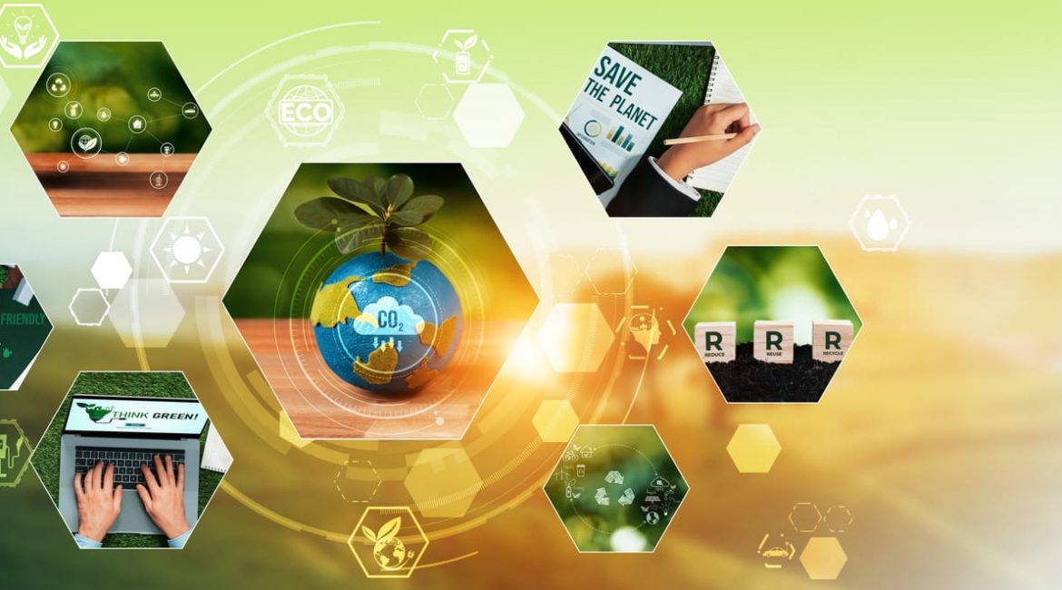 A collage of environmental concepts, with a central globe showing CO2, surrounded by images of sustainable business practices, representing the goals of climate policies like carbon pricing.