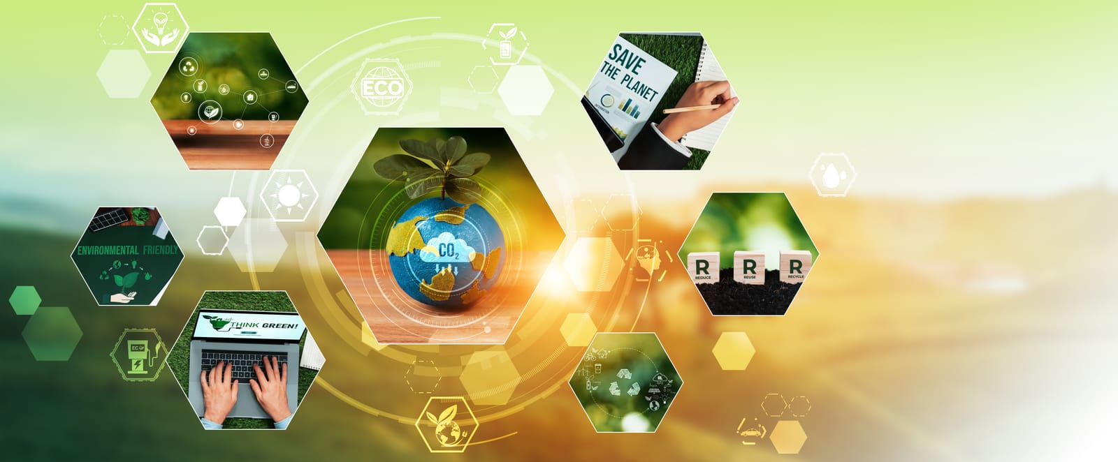 A collage of environmental concepts, with a central globe showing CO2, surrounded by images of sustainable business practices, representing the goals of climate policies like carbon pricing.