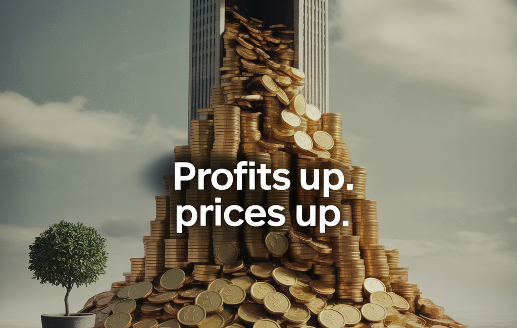 A symbolic image showing a mountain of gold coins pouring out of a corporate skyscraper, with text that reads 'Profits up. prices up,' illustrating the concept of greedflation.