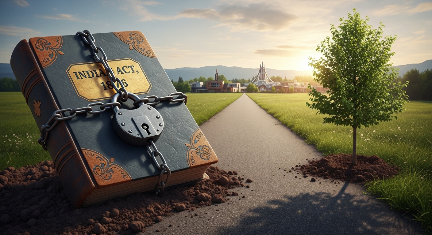 A symbolic image showing a chained book labeled 'Indian Act, 1876' discarded by a path, while a new tree grows on the other side. The path leads to a modern Indigenous community, representing the journey away from colonial law towards a future of growth and self-government.