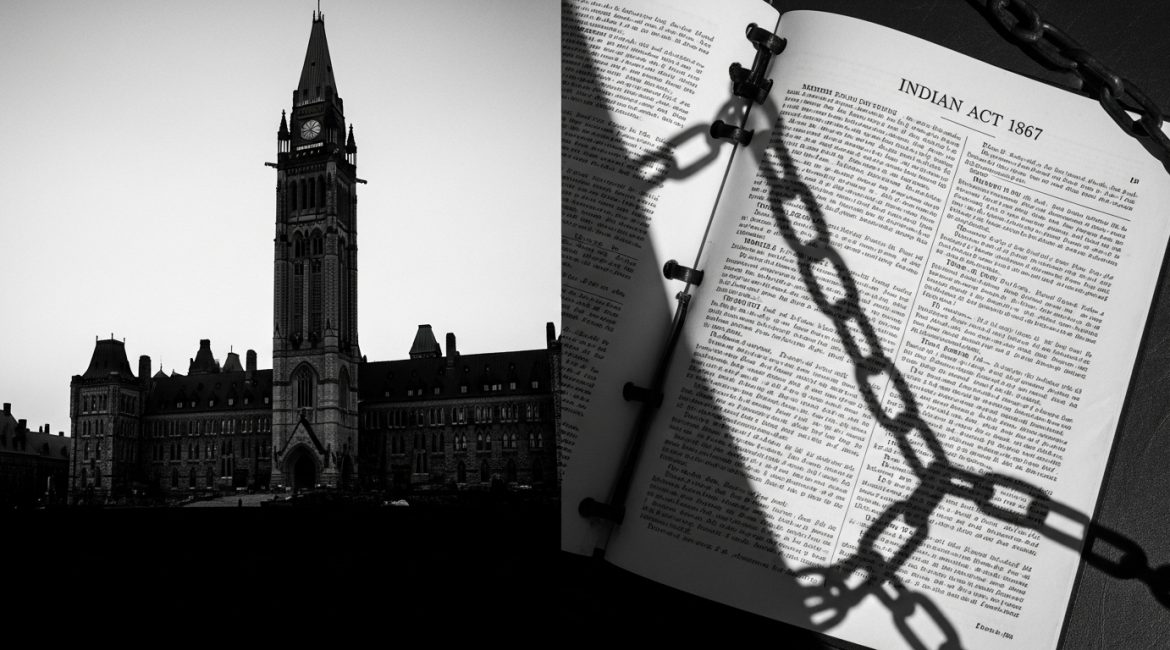 A black and white image split in two: on the left, the Canadian Parliament Buildings, and on the right, a copy of the Indian Act with the shadow of a heavy chain across it, symbolizing the law's oppressive history. Title: The Indian Act and its legacy in Canada