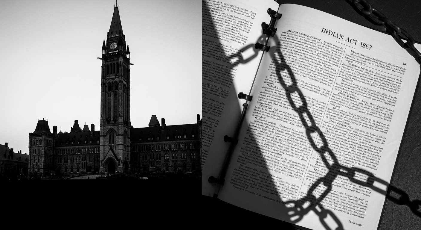 A black and white image split in two: on the left, the Canadian Parliament Buildings, and on the right, a copy of the Indian Act with the shadow of a heavy chain across it, symbolizing the law's oppressive history. Title: The Indian Act and its legacy in Canada
