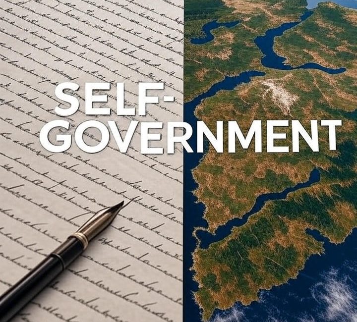 A composite image split in half: the left shows a historical handwritten document with a fountain pen, and the right shows an aerial view of land and water, with the words SELF-GOVERNMENT centered over both.