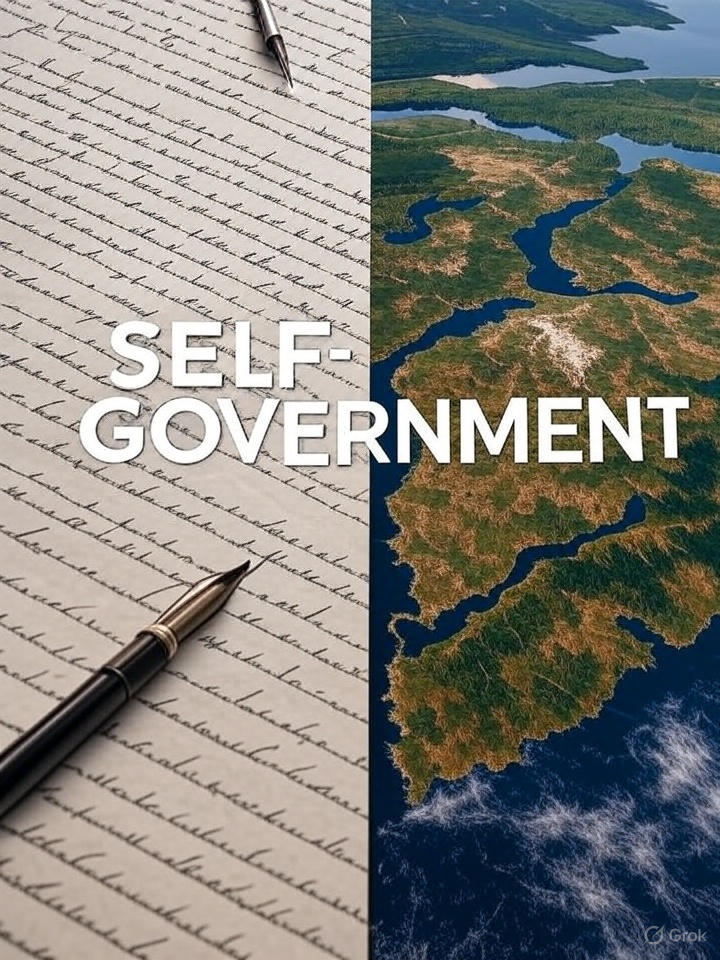 A composite image split in half: the left shows a historical handwritten document with a fountain pen, and the right shows an aerial view of land and water, with the words SELF-GOVERNMENT centered over both.