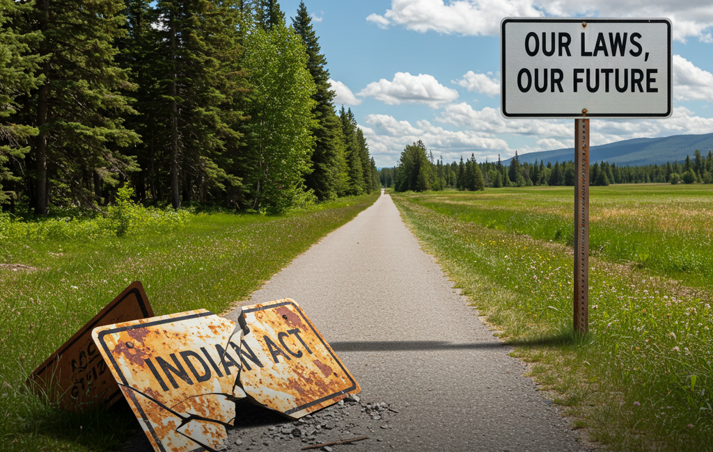 A path forward in a rural landscape, with a broken, rusted sign for the 'Indian Act' discarded on the left, and a new sign on the right that reads 'Our Laws, Our Future,' symbolizing the journey to Indigenous self-government.