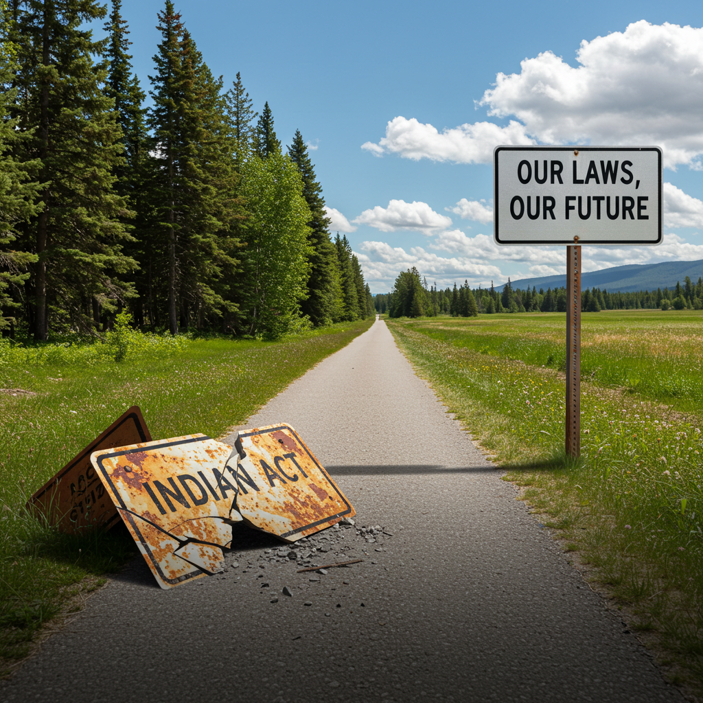 A path forward in a rural landscape, with a broken, rusted sign for the 'Indian Act' discarded on the left, and a new sign on the right that reads 'Our Laws, Our Future,' symbolizing the journey to Indigenous self-government.