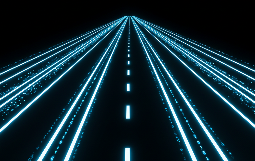 An abstract digital highway with lanes made of glowing blue lines of binary code, stretching to a vanishing point and symbolizing the principle of net neutrality