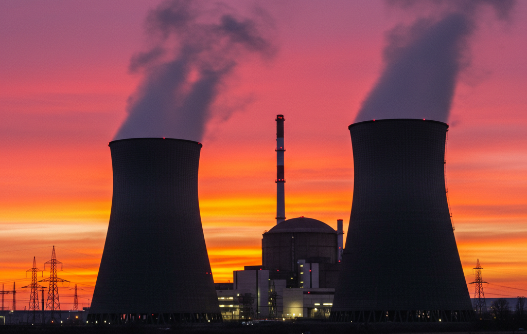 A nuclear power plant with large cooling towers silhouetted against a dramatic orange and purple sunset, representing nuclear energy production.