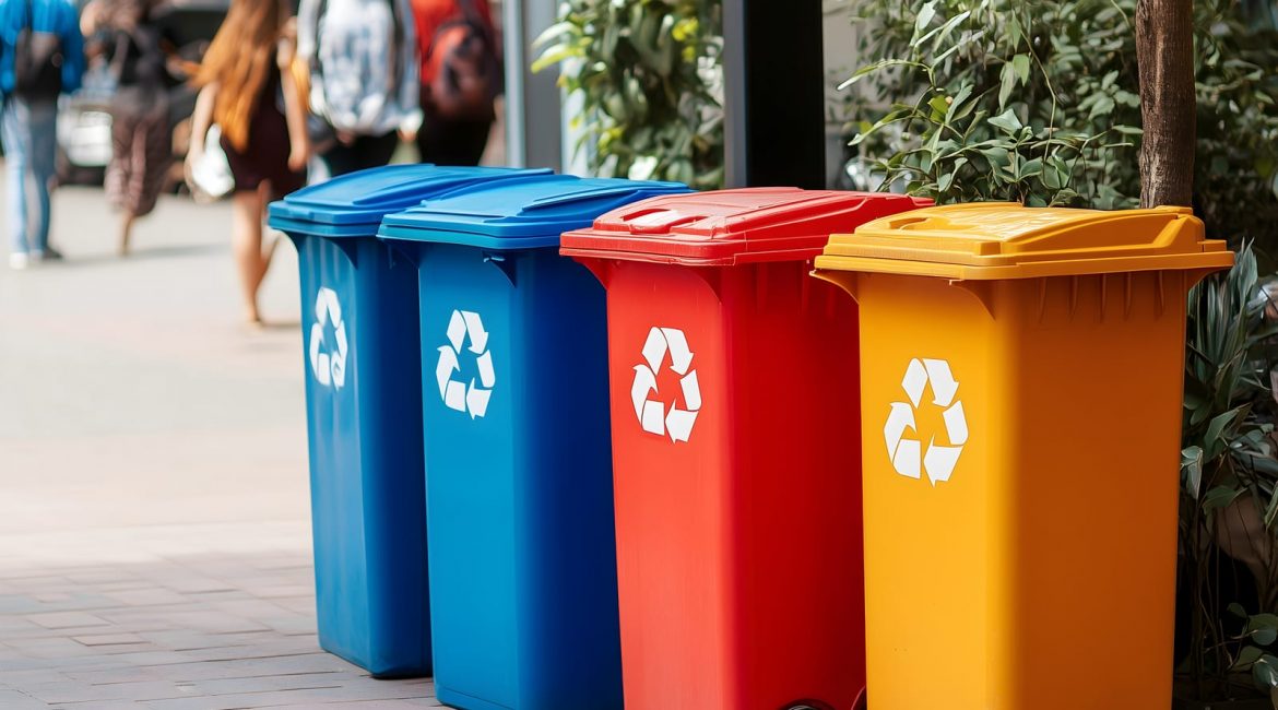 A row of colorful public recycling bins—blue, red, and yellow—with the recycling symbol, lined up on a city sidewalk for waste separation.