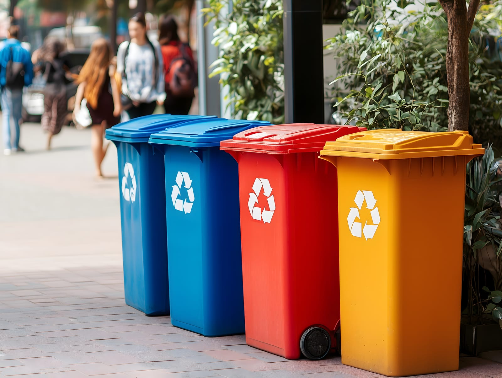 A row of colorful public recycling bins—blue, red, and yellow—with the recycling symbol, lined up on a city sidewalk for waste separation.