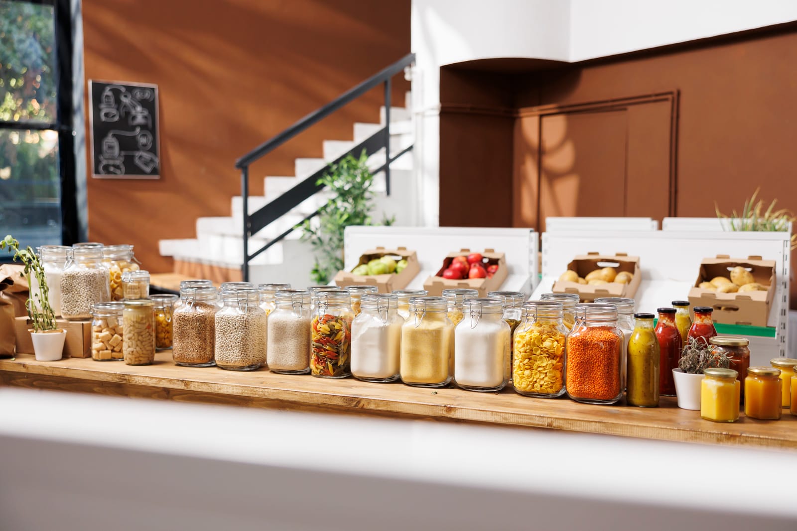 A long wooden counter in a bright, modern zero-waste store, lined with glass jars of bulk foods like grains and pasta, with fresh produce in the background