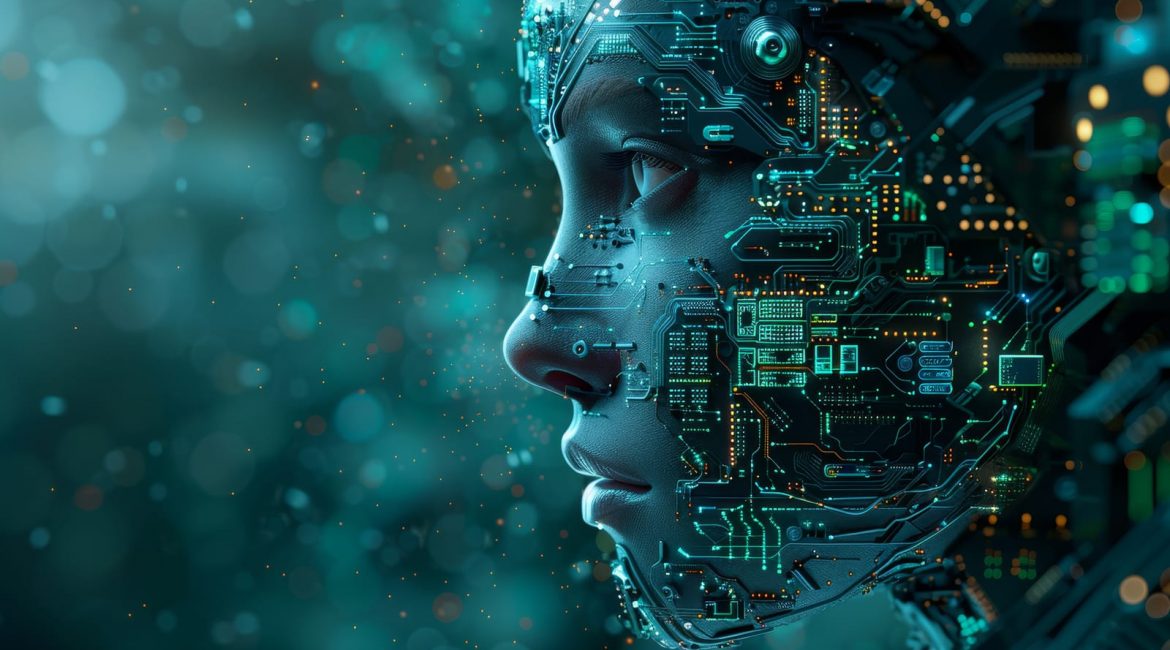 A profile view of a human face seamlessly integrated with intricate circuitry, glowing with teal and gold lights, symbolizing the connection between the brain and technology.
