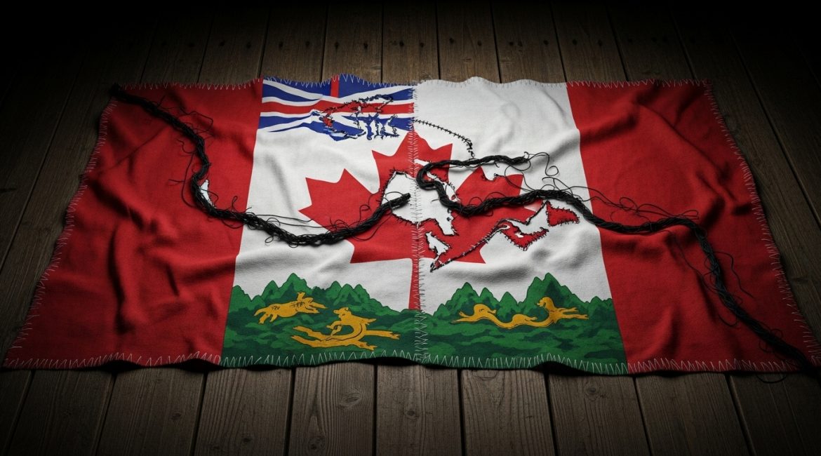 A Canadian flag that has been cut along the provincial lines and then crudely stitched back together, symbolizing the economic fragmentation caused by internal trade barriers.