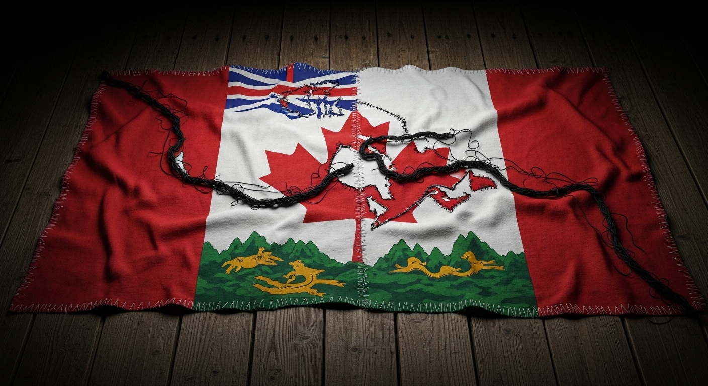 A Canadian flag that has been cut along the provincial lines and then crudely stitched back together, symbolizing the economic fragmentation caused by internal trade barriers.