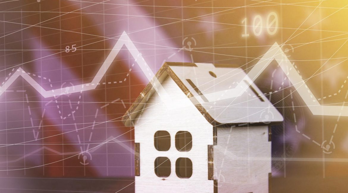 A model of a house sits in front of a translucent financial graph showing rising prices and a faint Canadian flag, symbolizing the causes of Canada's housing crisis.