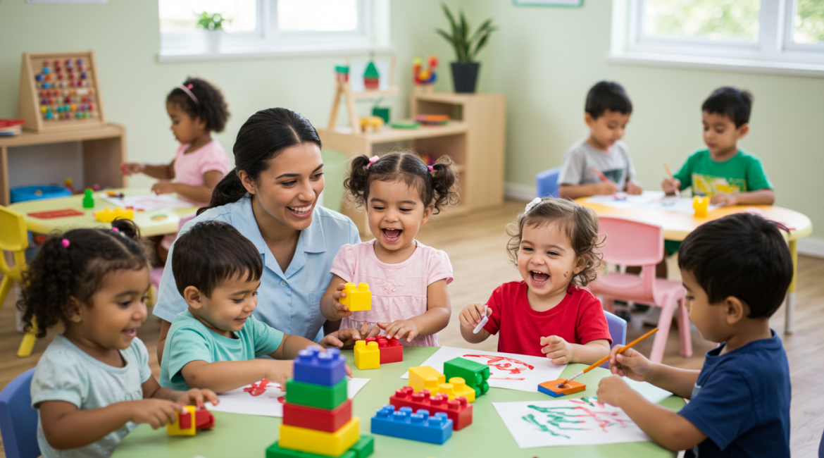 A smiling Early Childhood Educator interacts with a diverse group of young children who are happily playing and learning at tables in a bright daycare setting.