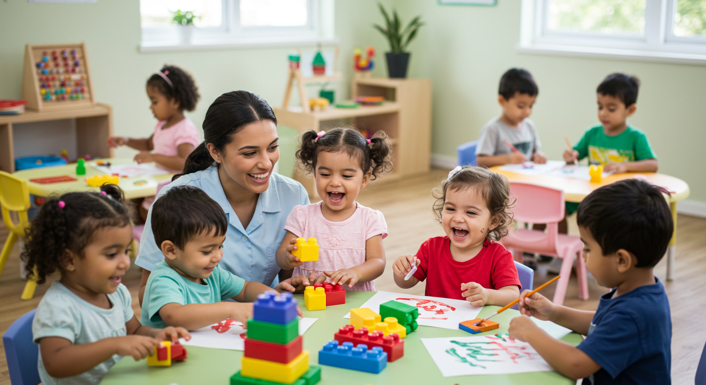 A smiling Early Childhood Educator interacts with a diverse group of young children who are happily playing and learning at tables in a bright daycare setting.