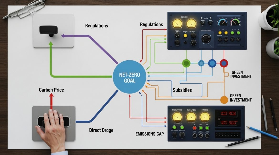 A blueprint showing different pathways to a 'Net-Zero Goal,' with a simple path for 'Carbon Price' and more complex paths for 'Regulations,' 'Emissions Cap,' and 'Green Investment,' symbolizing climate policy alternatives.