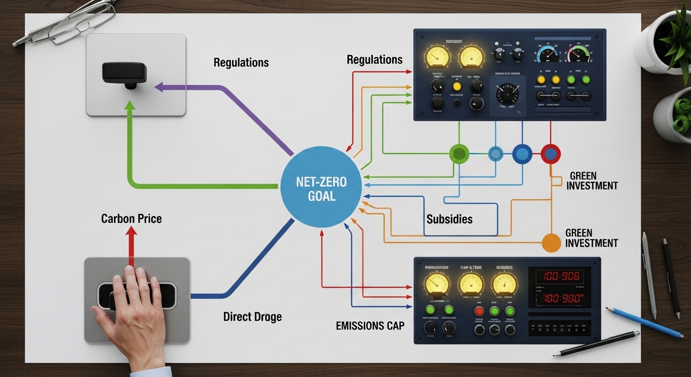 A blueprint showing different pathways to a 'Net-Zero Goal,' with a simple path for 'Carbon Price' and more complex paths for 'Regulations,' 'Emissions Cap,' and 'Green Investment,' symbolizing climate policy alternatives.