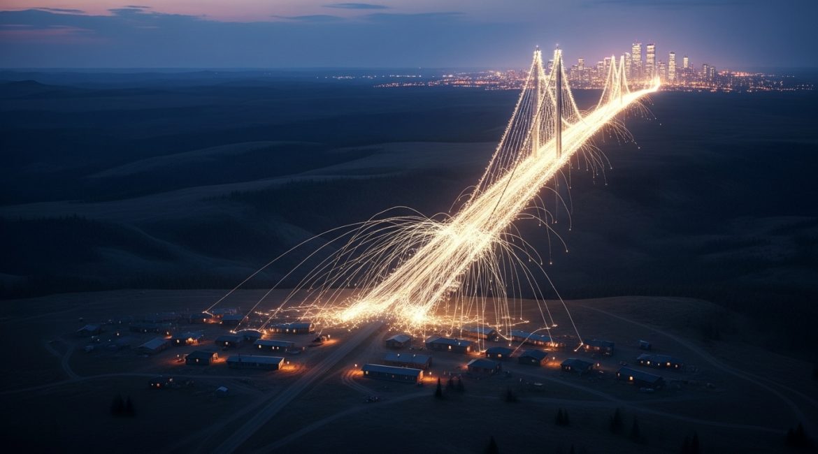 A symbolic image of a glowing bridge made of light stretching from a distant city to a remote community, representing the effort to close Canada's digital divide.