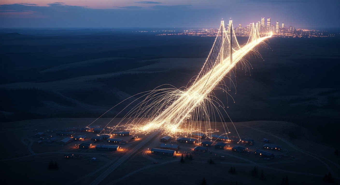 A symbolic image of a glowing bridge made of light stretching from a distant city to a remote community, representing the effort to close Canada's digital divide.