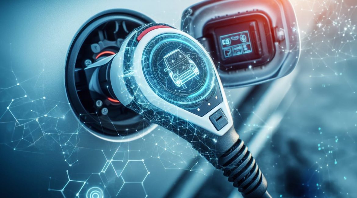 A futuristic electric vehicle charger plugged into a car, with glowing blue digital overlays representing the advanced technology of EV charging infrastructure.