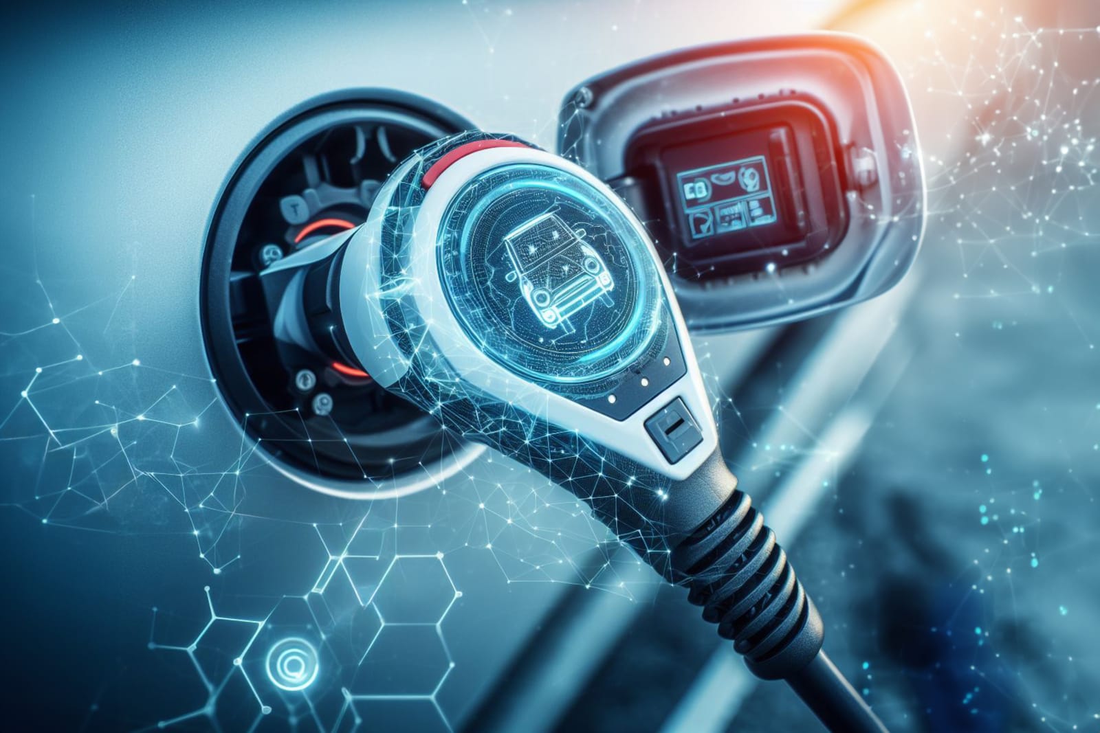 A futuristic electric vehicle charger plugged into a car, with glowing blue digital overlays representing the advanced technology of EV charging infrastructure.