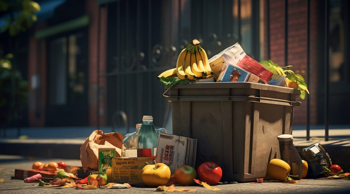 A overflowing garbage bin with discarded food items like bananas, apples, and packaged goods on a city street, illustrating the problem of household food waste in Canada.