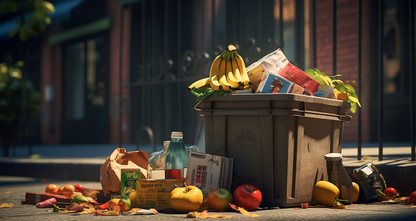 A overflowing garbage bin with discarded food items like bananas, apples, and packaged goods on a city street, illustrating the problem of household food waste in Canada.