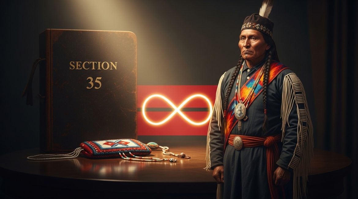 A dignified Métis Elder in traditional clothing stands beside a book titled "SECTION 35" and the Métis infinity symbol, representing the recognition of Métis self-government and rights in Canada's Constitution.