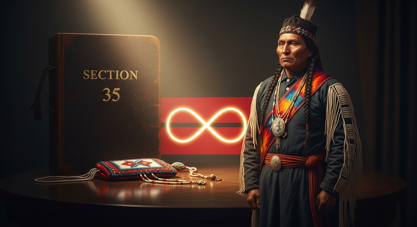 A dignified Métis Elder in traditional clothing stands beside a book titled "SECTION 35" and the Métis infinity symbol, representing the recognition of Métis self-government and rights in Canada's Constitution.