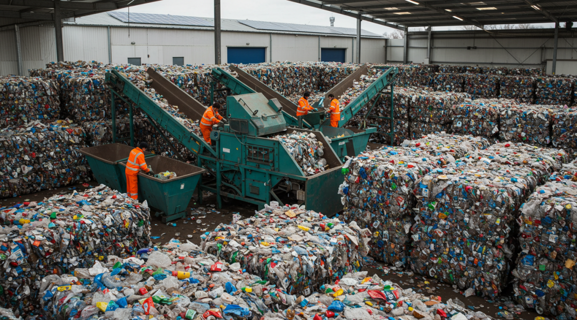 Workers in orange uniforms sort plastic waste on conveyor belts inside a massive recycling facility, surrounded by large bales of compressed plastic bottles.
