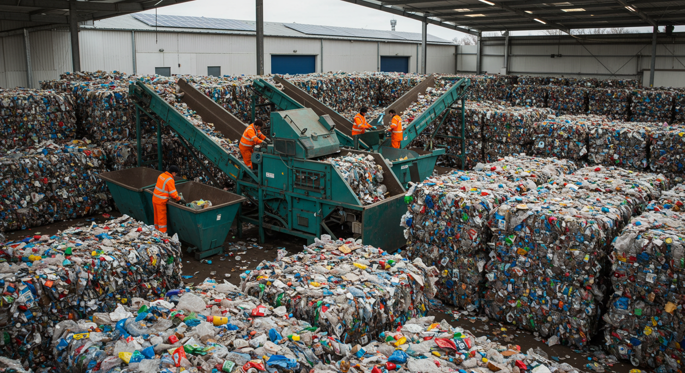 Workers in orange uniforms sort plastic waste on conveyor belts inside a massive recycling facility, surrounded by large bales of compressed plastic bottles.