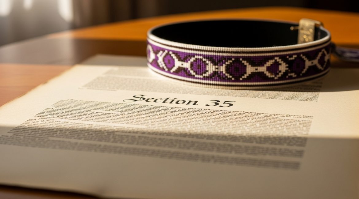 A beaded wampum belt rests on a historical document titled 'Section 35,' symbolizing the intersection of Canadian constitutional law and the nation-to-nation relationship with Indigenous peoples.