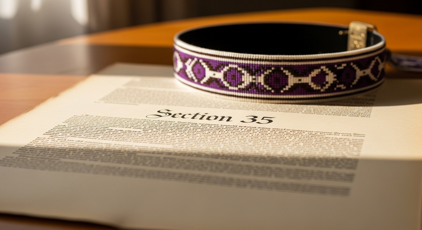 A beaded wampum belt rests on a historical document titled 'Section 35,' symbolizing the intersection of Canadian constitutional law and the nation-to-nation relationship with Indigenous peoples.