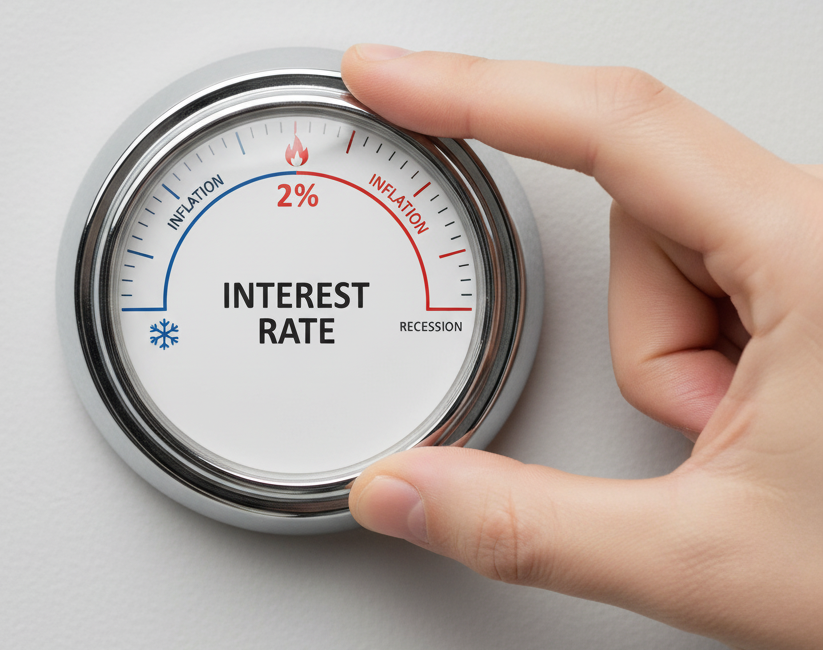 A hand adjusts a thermostat-like dial labeled 'Interest Rate,' balancing between 'Inflation' and 'Recession' to hit a 2% target, symbolizing the Bank of Canada's monetary policy.