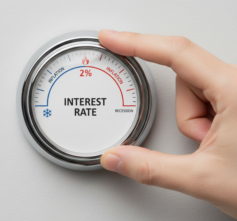 A hand adjusts a thermostat-like dial labeled 'Interest Rate,' balancing between 'Inflation' and 'Recession' to hit a 2% target, symbolizing the Bank of Canada's monetary policy.